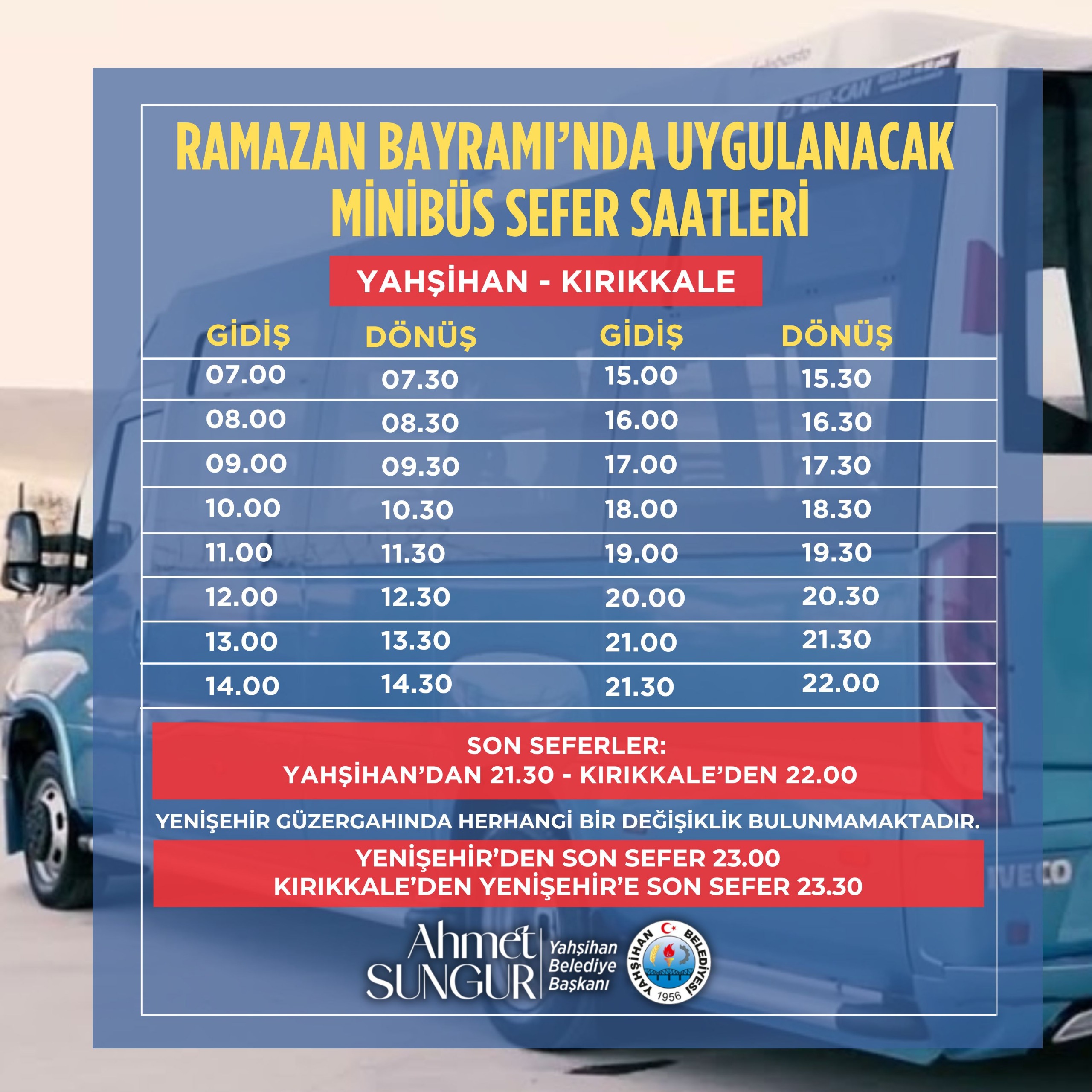 RAMAZAN BAYRAMI'NDA UYGULANACAK MİNİBÜS SEFER SAATLERİ